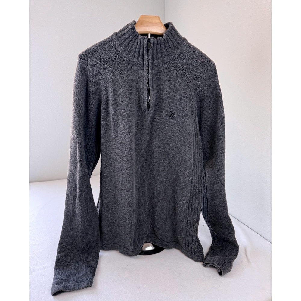 U.S. Polo Assn Men's XXL Quarter Zip Sweater Gray Cotton Casual Preppy Classic